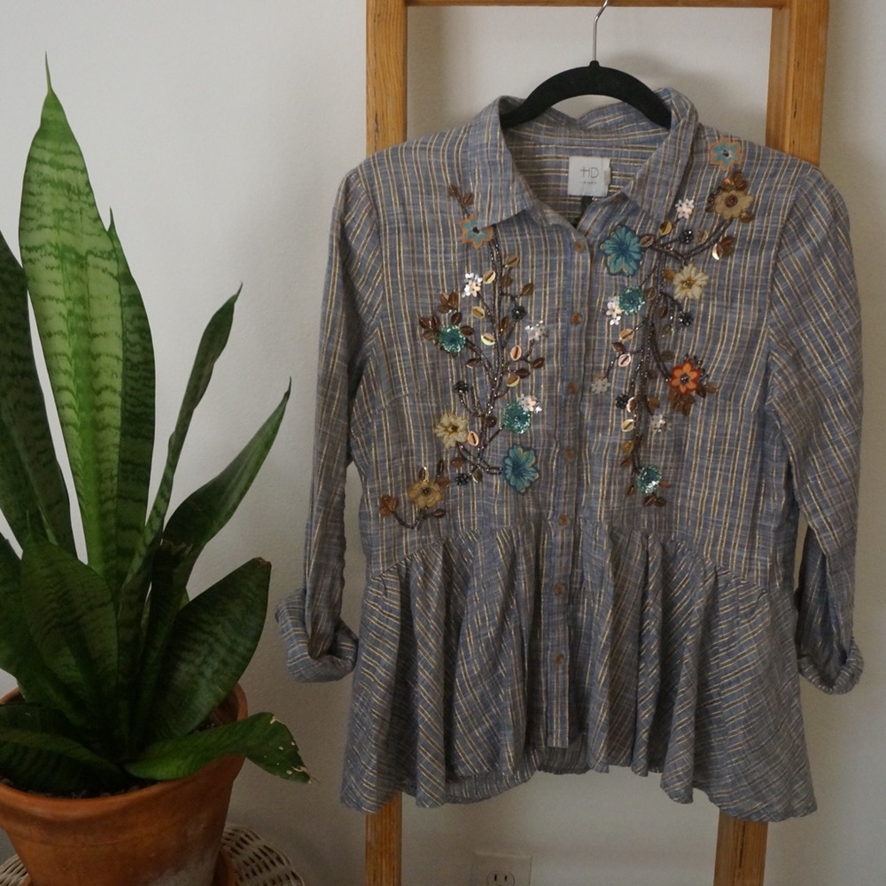 Anthropologie sequined peplum button down